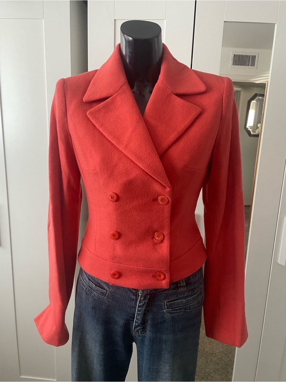 Cropped Double-Breasted Women's Jacket in Coral Red